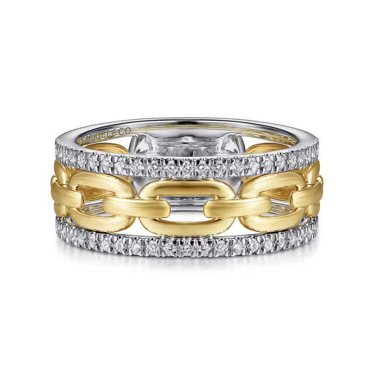 14K White-Yellow Gold Chain Link Diamond Border Ring - 0.35 ct - Shot 1
