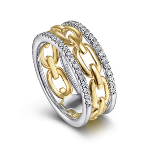 14K White-Yellow Gold Chain Link Diamond Border Ring