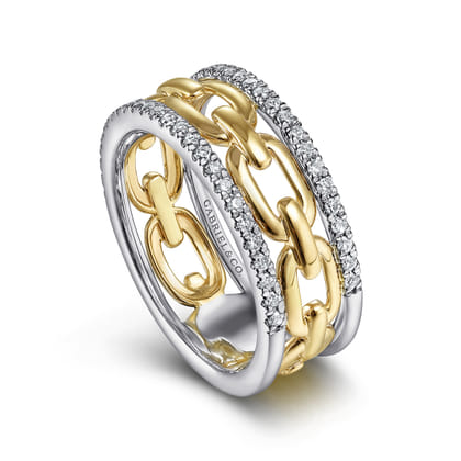 14K White-Yellow Gold Chain Link Diamond Border Ring