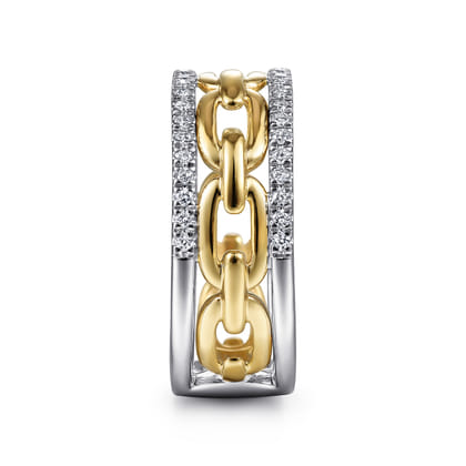 14K White-Yellow Gold Chain Link Diamond Border Ring