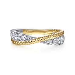 14K White-Yellow Gold Criss Cross Diamond Anniversary Band with Twisted Rope Detail