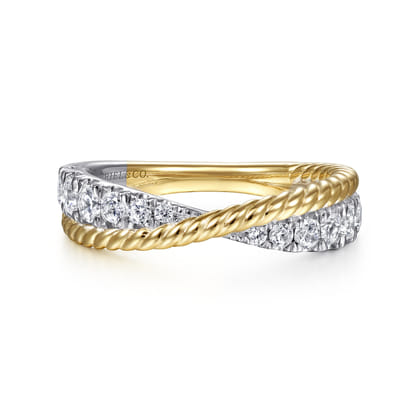 14K White-Yellow Gold Criss Cross Diamond Anniversary Band with Twisted Rope Detail