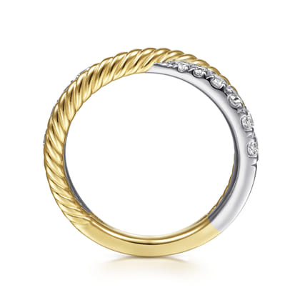 14K White-Yellow Gold Criss Cross Diamond Anniversary Band with Twisted Rope Detail
