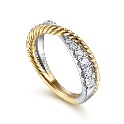 14K White-Yellow Gold Criss Cross Diamond Anniversary Band with Twisted Rope Detail