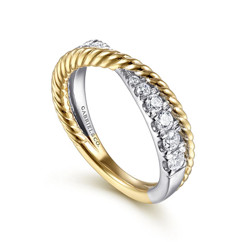 14K White-Yellow Gold Criss Cross Diamond Anniversary Band with Twisted Rope Detail - 0.5 ct - Shot 3