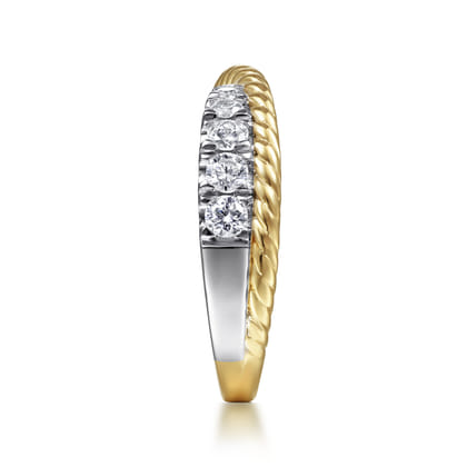 14K White-Yellow Gold Criss Cross Diamond Anniversary Band with Twisted Rope Detail