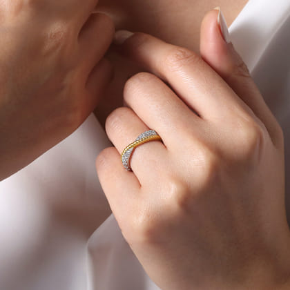 14K White-Yellow Gold Criss Cross Diamond Anniversary Band with Twisted Rope Detail