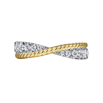 14K White-Yellow Gold Criss Cross Diamond Anniversary Band with Twisted Rope Detail