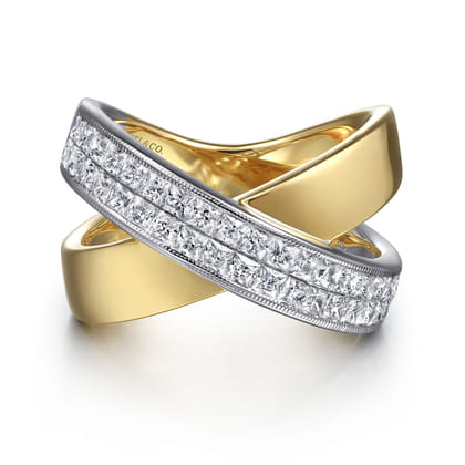 14K White  Yellow Gold Criss Cross Diamond Ring