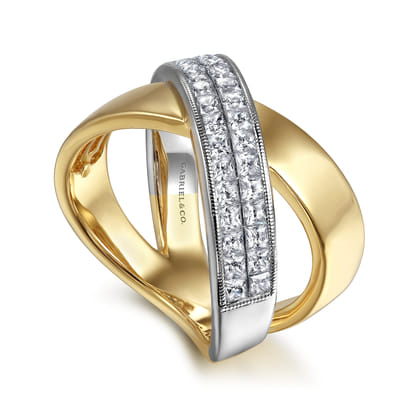 14K White  Yellow Gold Criss Cross Diamond Ring