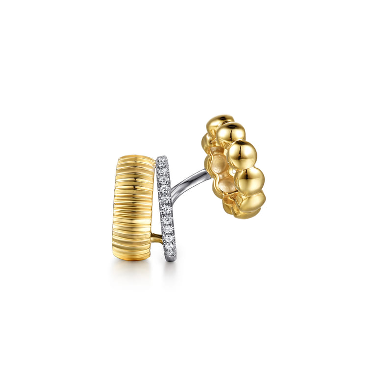 14K White  Yellow Gold Diamond And Bujukan With Scalloped Contour Single Huggie Earcuff - 0.1 ct - Shot 1