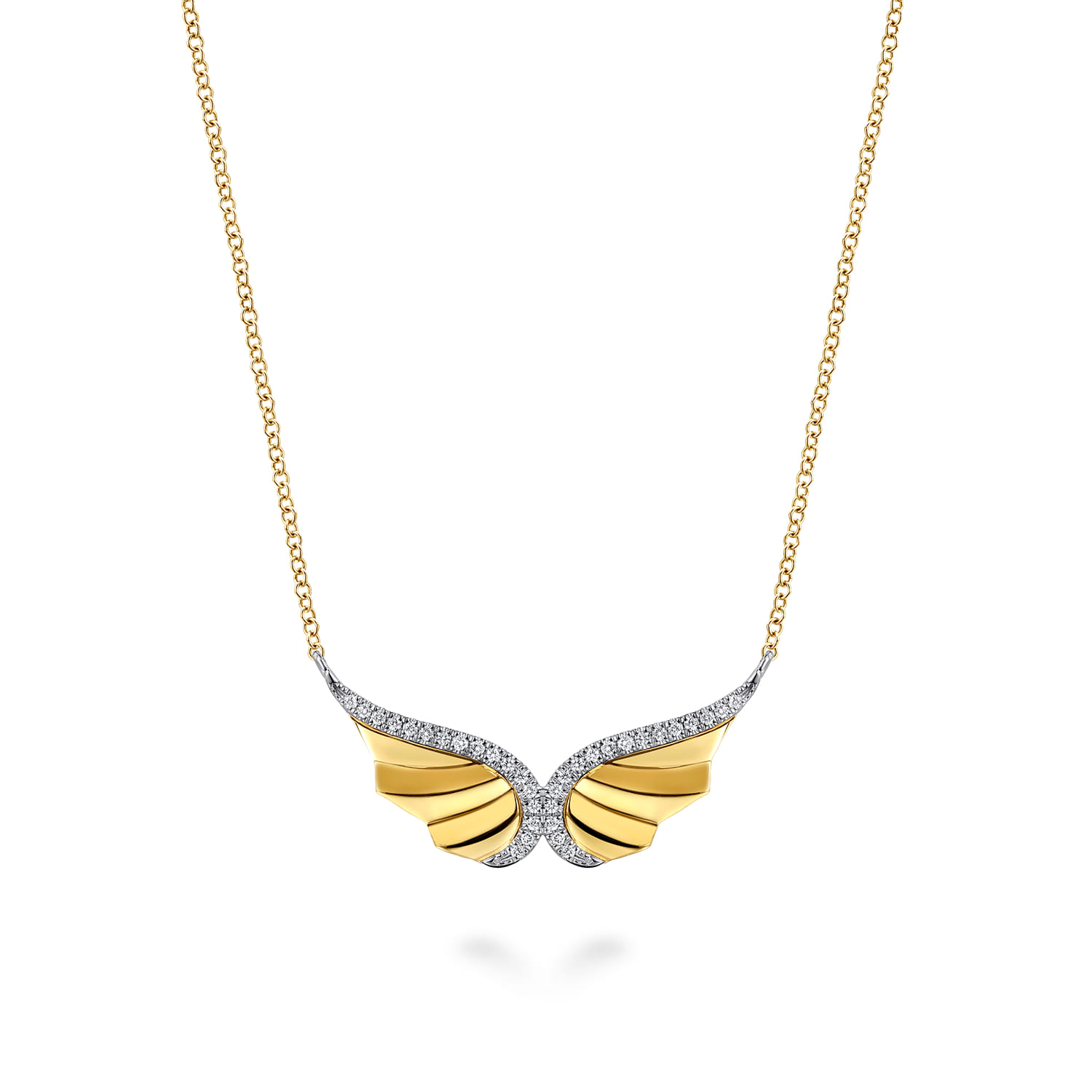 14K White  Yellow Gold Diamond Angel Wing Pendant Necklace - 0.14 ct - Shot 1