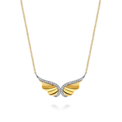 14K White  Yellow Gold Diamond Angel Wing Pendant Necklace