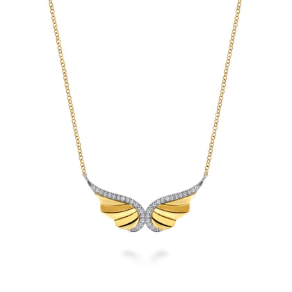 14K White  Yellow Gold Diamond Angel Wing Pendant Necklace