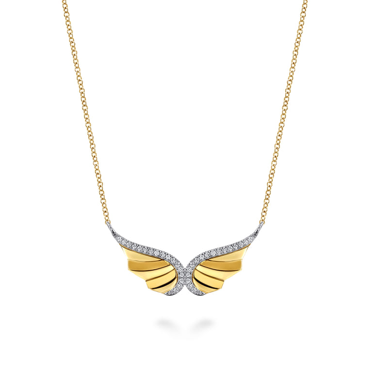 14K White  Yellow Gold Diamond Angel Wing Pendant Necklace - 0.14 ct - Shot 1