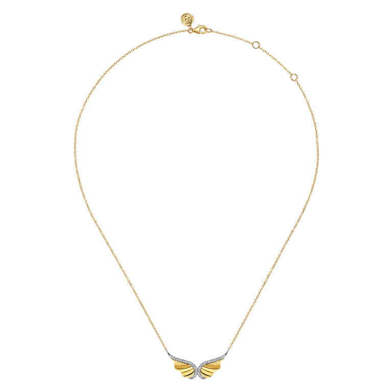 14K White  Yellow Gold Diamond Angel Wing Pendant Necklace - 0.14 ct - Shot 2