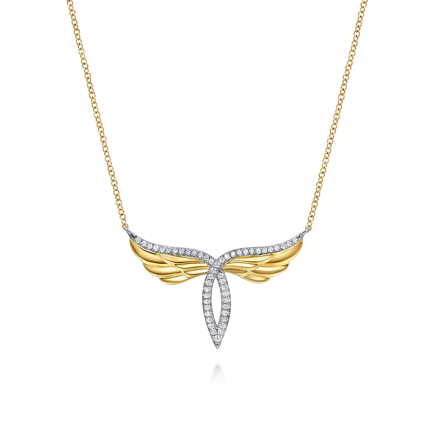 14K White  Yellow Gold Diamond Angel Wing Pendant Necklace - 0.19 ct - Shot 1