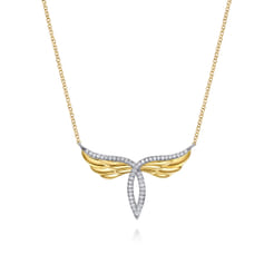 14K White  Yellow Gold Diamond Angel Wing Pendant Necklace