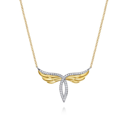 14K White  Yellow Gold Diamond Angel Wing Pendant Necklace