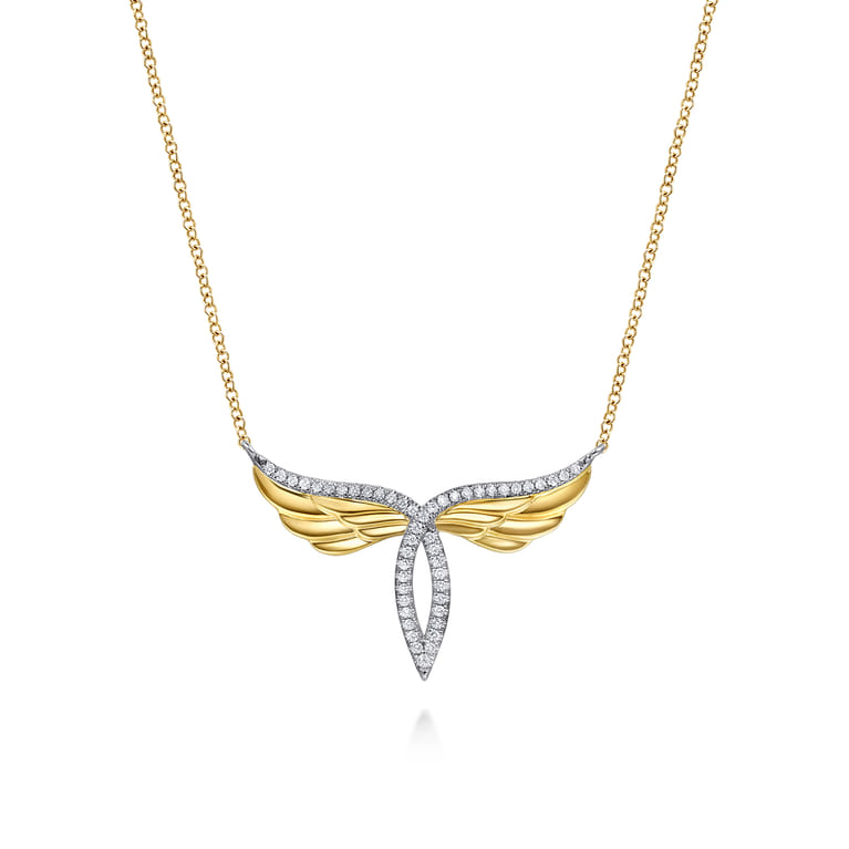 14K White  Yellow Gold Diamond Angel Wing Pendant Necklace - 0.19 ct - Shot 1