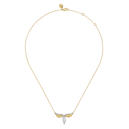 14K White  Yellow Gold Diamond Angel Wing Pendant Necklace