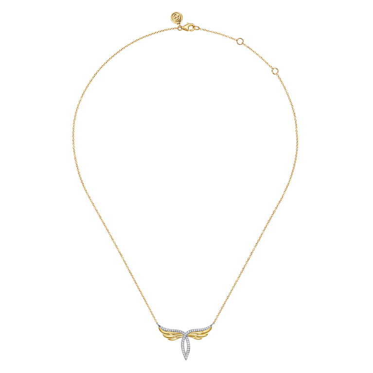 14K White  Yellow Gold Diamond Angel Wing Pendant Necklace - 0.19 ct - Shot 2