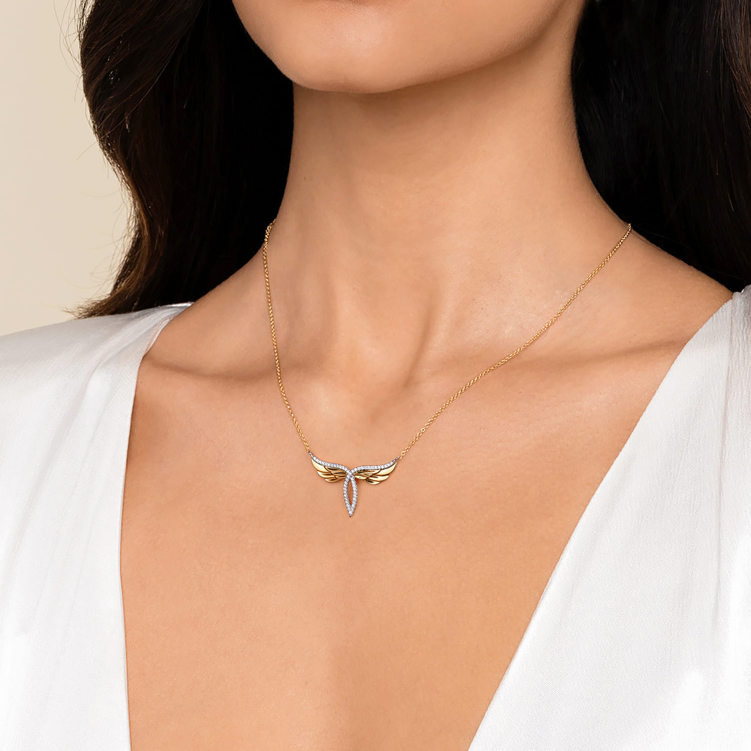 14K White  Yellow Gold Diamond Angel Wing Pendant Necklace - 0.19 ct - Shot 3