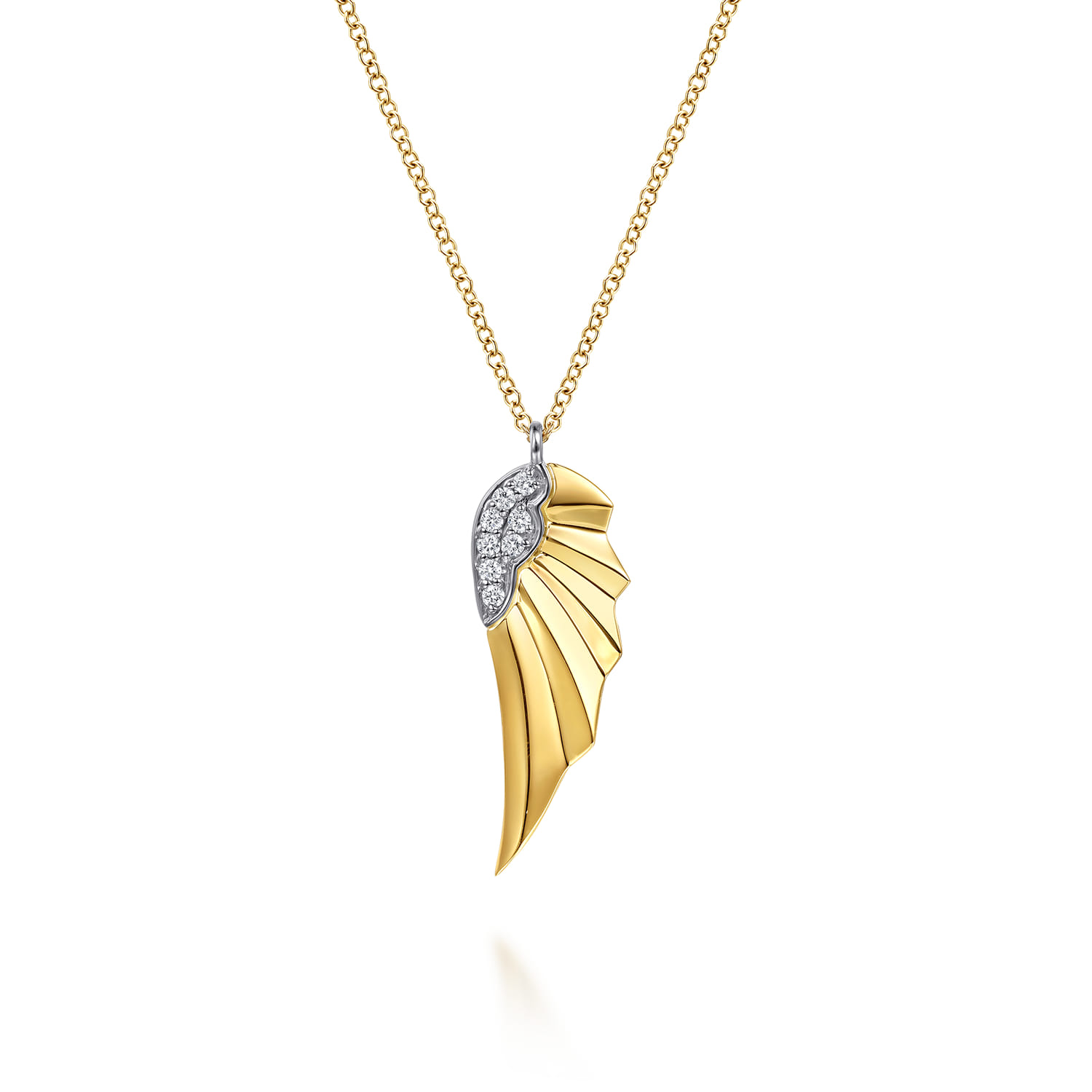 14K White  Yellow Gold Diamond Angel Wing Pendant Necklace - 0.08 ct - Shot 1