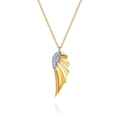 14K White  Yellow Gold Diamond Angel Wing Pendant Necklace