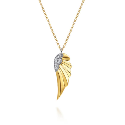 14K White  Yellow Gold Diamond Angel Wing Pendant Necklace