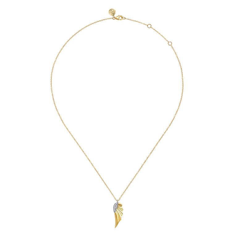 14K White  Yellow Gold Diamond Angel Wing Pendant Necklace - 0.08 ct - Shot 2