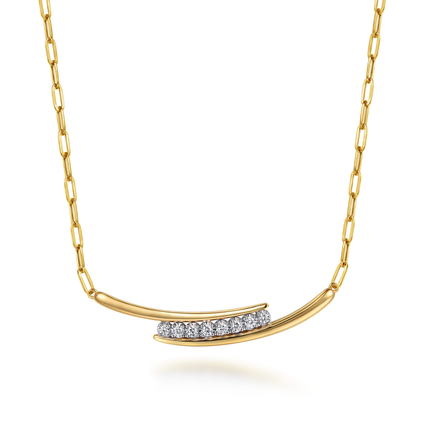 14K White  Yellow Gold Diamond Bar Necklace With Hollow Paperclip Chain