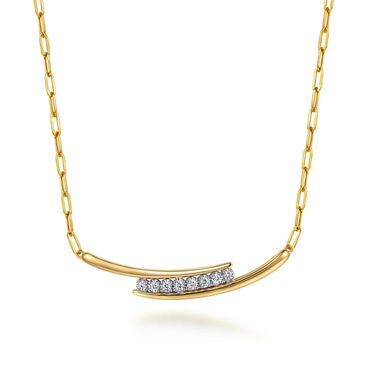 14K White  Yellow Gold Diamond Bar Necklace With Hollow Paperclip Chain - 0.35 ct - Shot 1