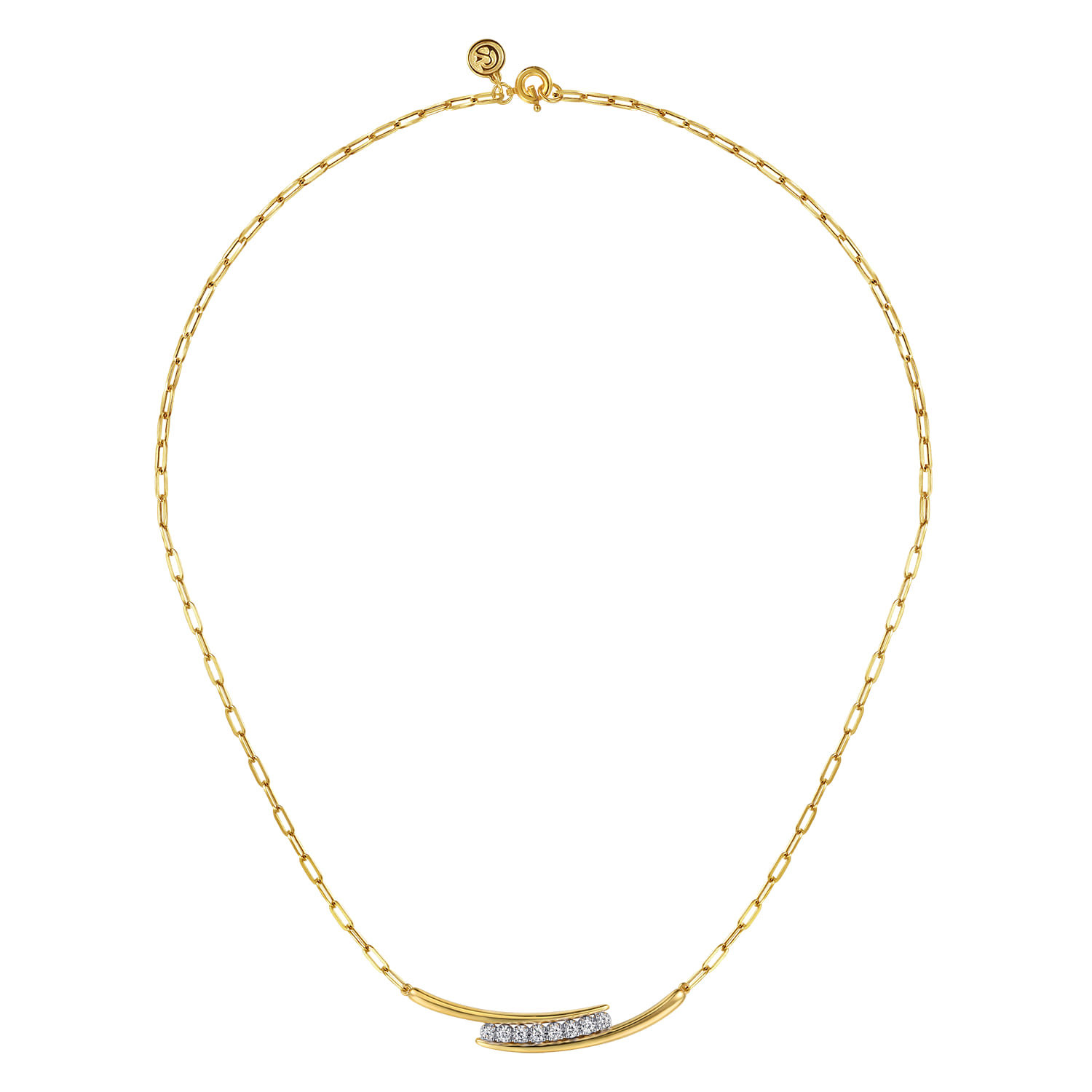 14K White  Yellow Gold Diamond Bar Necklace With Hollow Paperclip Chain