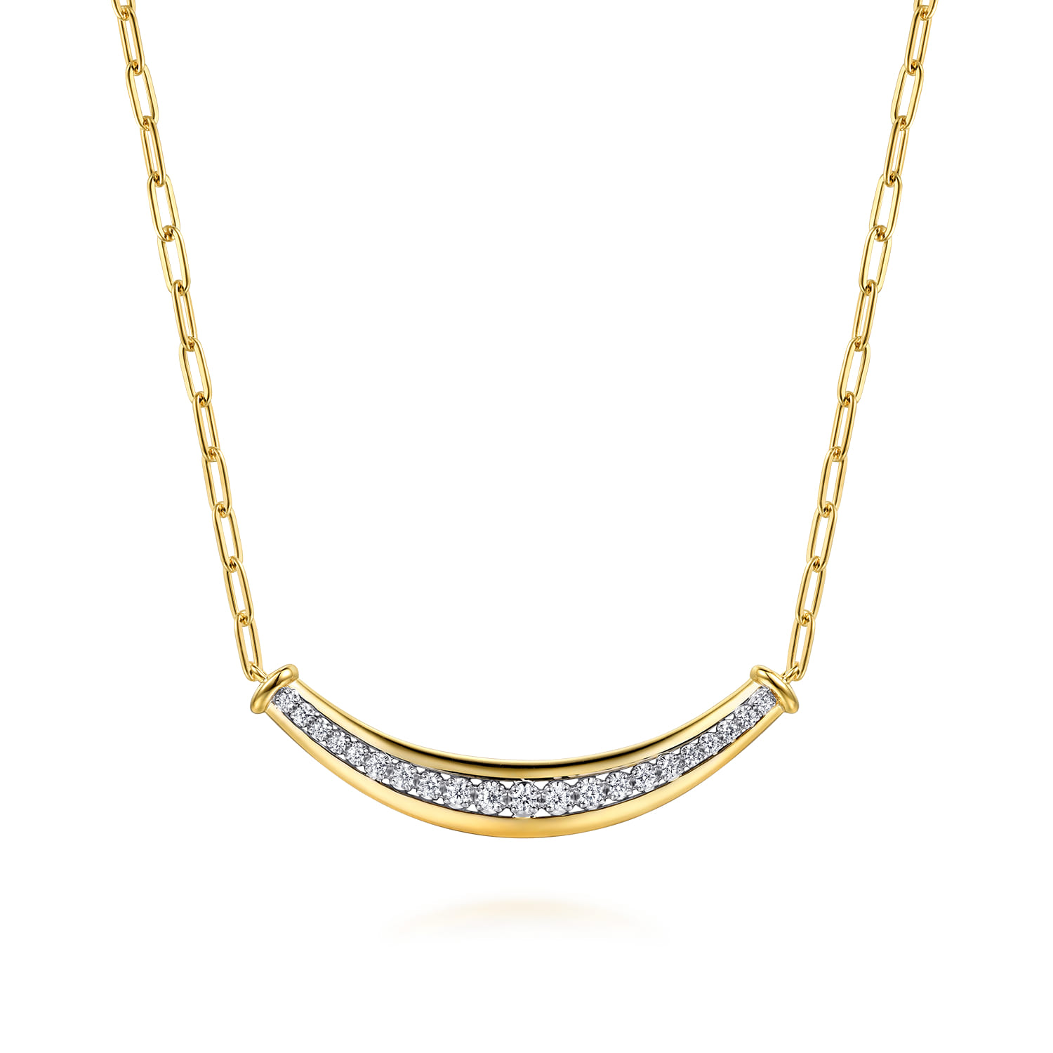 14K White  Yellow Gold Diamond Bar Necklace With Hollow Paperclip Chain