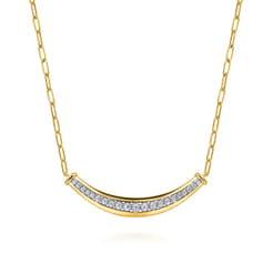 14K White  Yellow Gold Diamond Bar Necklace With Hollow Paperclip Chain