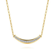 14K White  Yellow Gold Diamond Bar Necklace With Hollow Paperclip Chain