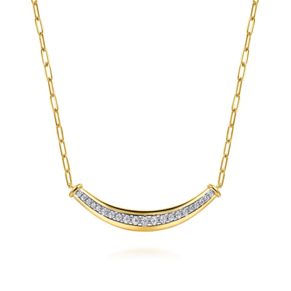 14K White  Yellow Gold Diamond Bar Necklace With Hollow Paperclip Chain