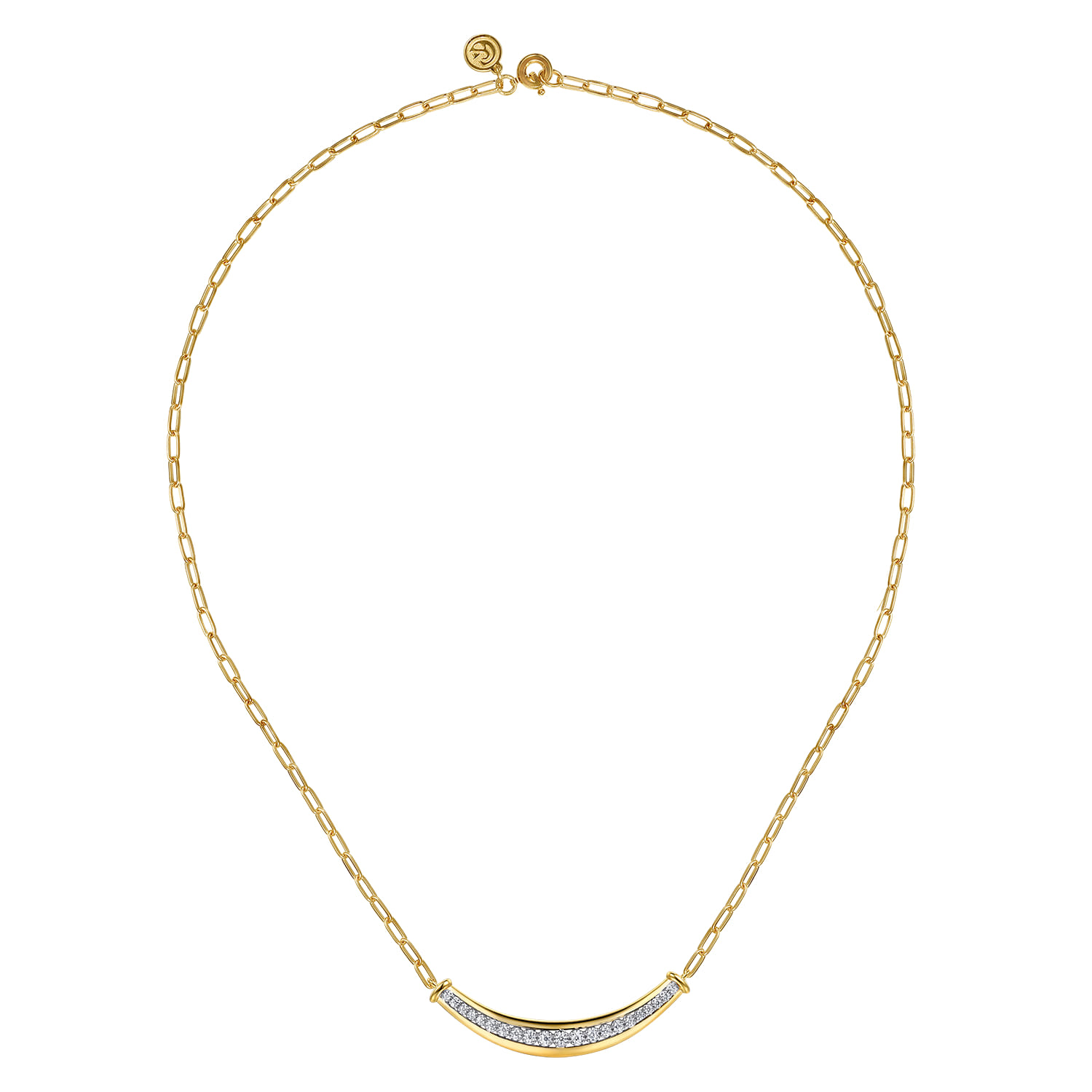 14K White  Yellow Gold Diamond Bar Necklace With Hollow Paperclip Chain