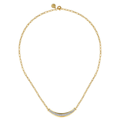 14K White  Yellow Gold Diamond Bar Necklace With Hollow Paperclip Chain