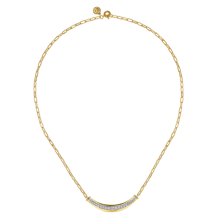 14K White  Yellow Gold Diamond Bar Necklace With Hollow Paperclip Chain - 0.3 ct - Shot 2
