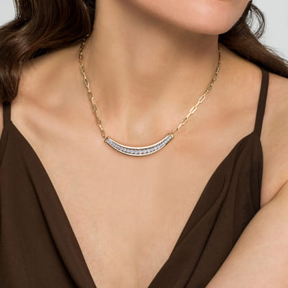 14K White  Yellow Gold Diamond Bar Necklace With Hollow Paperclip Chain