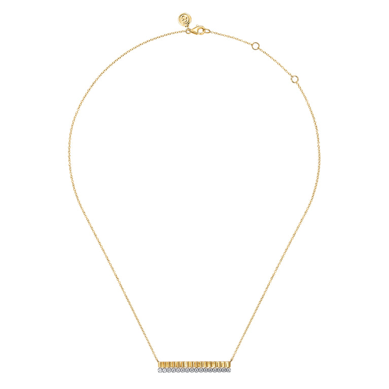 14K White Yellow Gold Diamond Bar Necklace with Diamond Cut Texture - 0.35 ct - Shot 2
