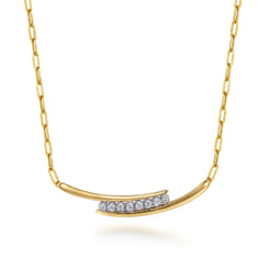 14K White Yellow Gold Diamond Bar Necklace with Hollow Paperclip Chain