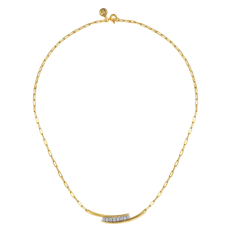 14K White Yellow Gold Diamond Bar Necklace with Hollow Paperclip Chain - 0.35 ct - Shot 2