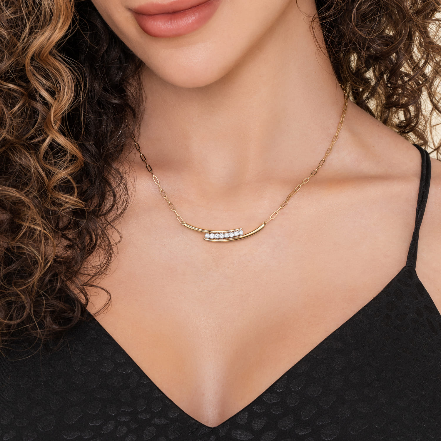 14K White Yellow Gold Diamond Bar Necklace with Hollow Paperclip Chain - 0.35 ct - Shot 3