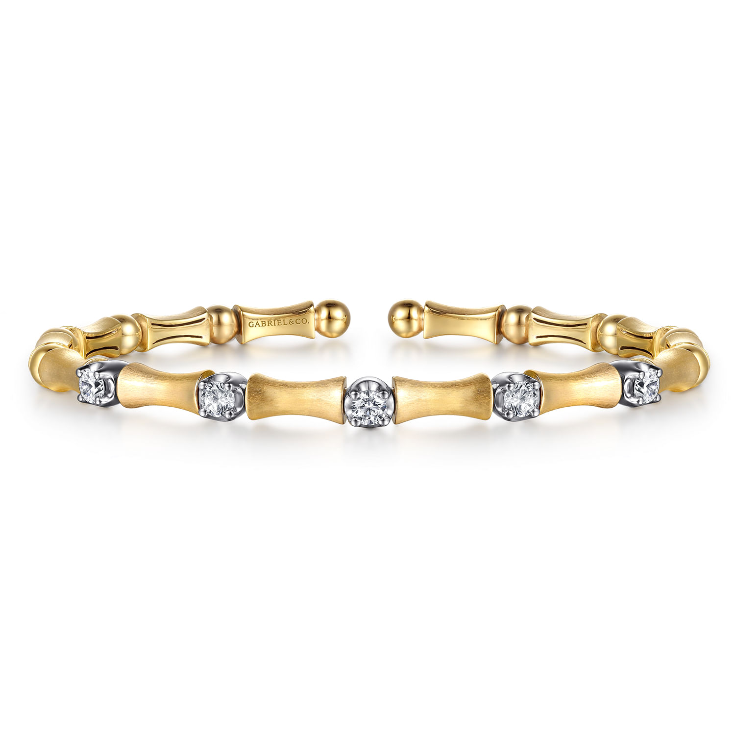 14K White  Yellow Gold Diamond Brush Finish Bamboo Bangle Bracelet - 0.5 ct - Shot 1