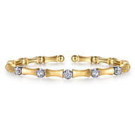 14K White  Yellow Gold Diamond Brush Finish Bamboo Bangle Bracelet