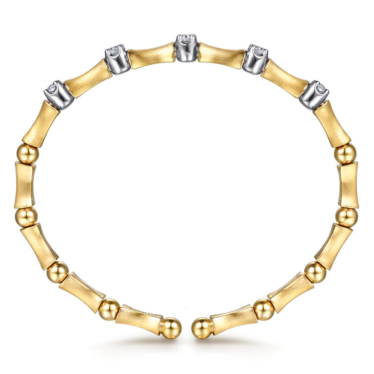 14K White  Yellow Gold Diamond Brush Finish Bamboo Bangle Bracelet - 0.5 ct - Shot 3