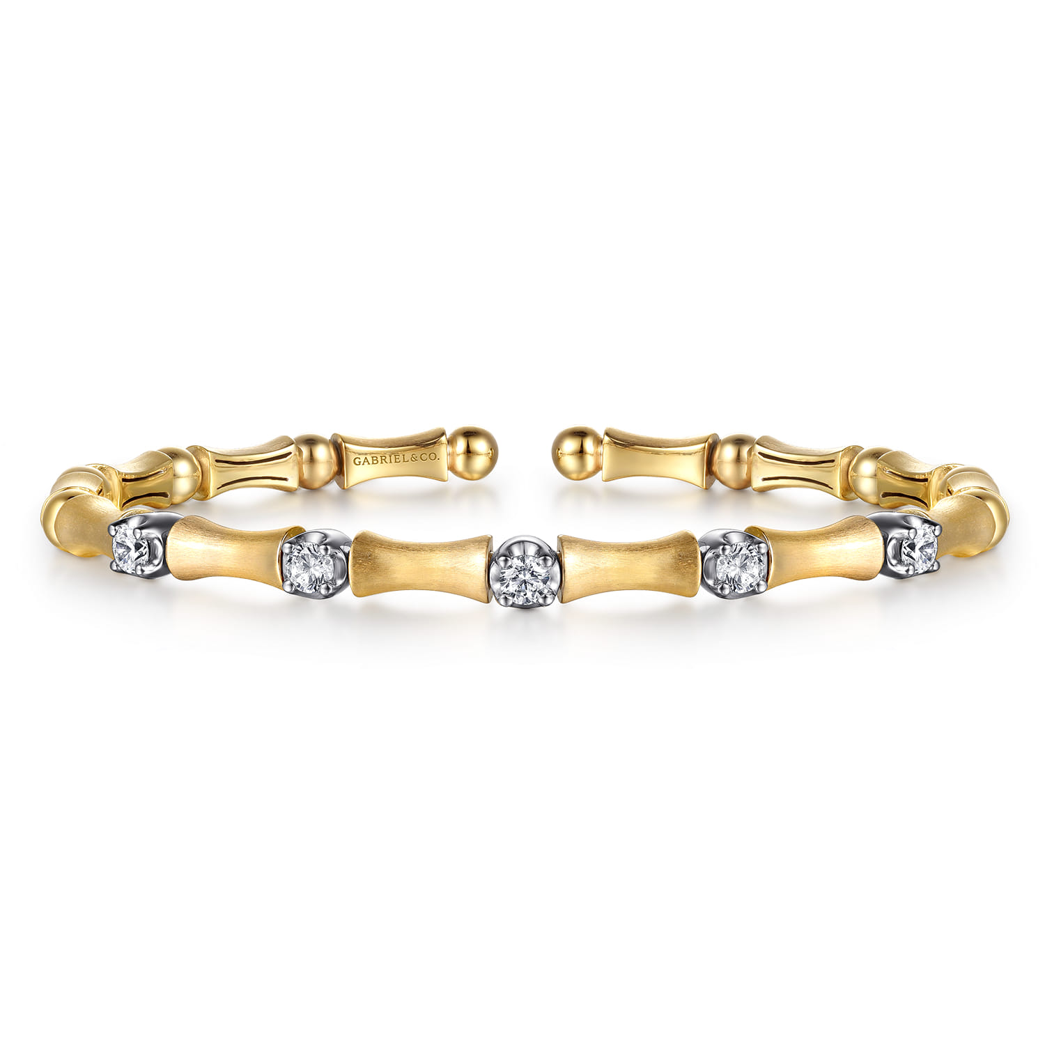 14K White  Yellow Gold Diamond Brush Finish Bamboo Bangle Bracelet - 0.5 ct - Shot 1